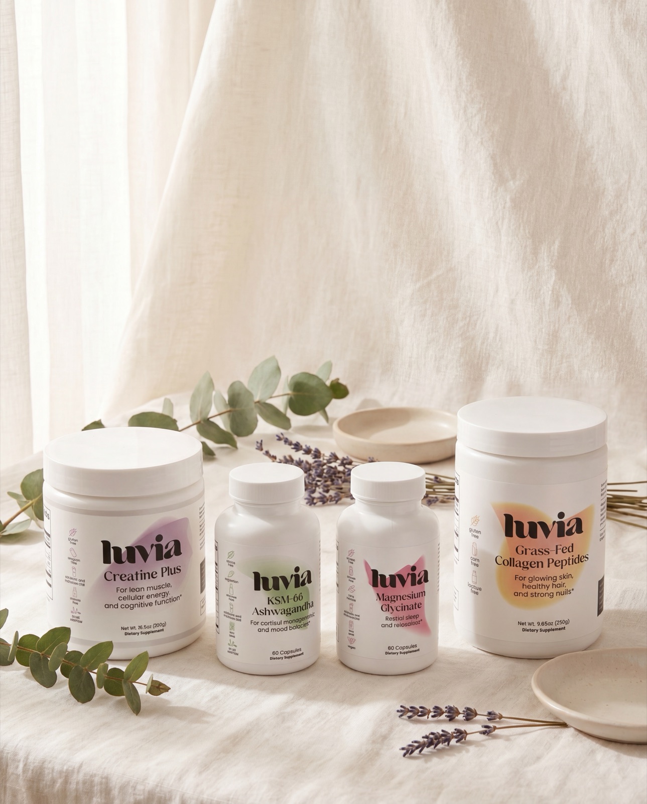 The Luvia range of daily essentials — creatine, magnesium, collagen and ashwagandha